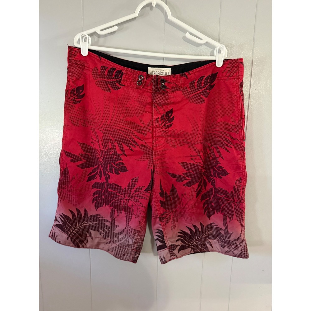 Aeropostale Board Shorts Mens L Red Black Tropical Leaf‎ Print Swim Trunks